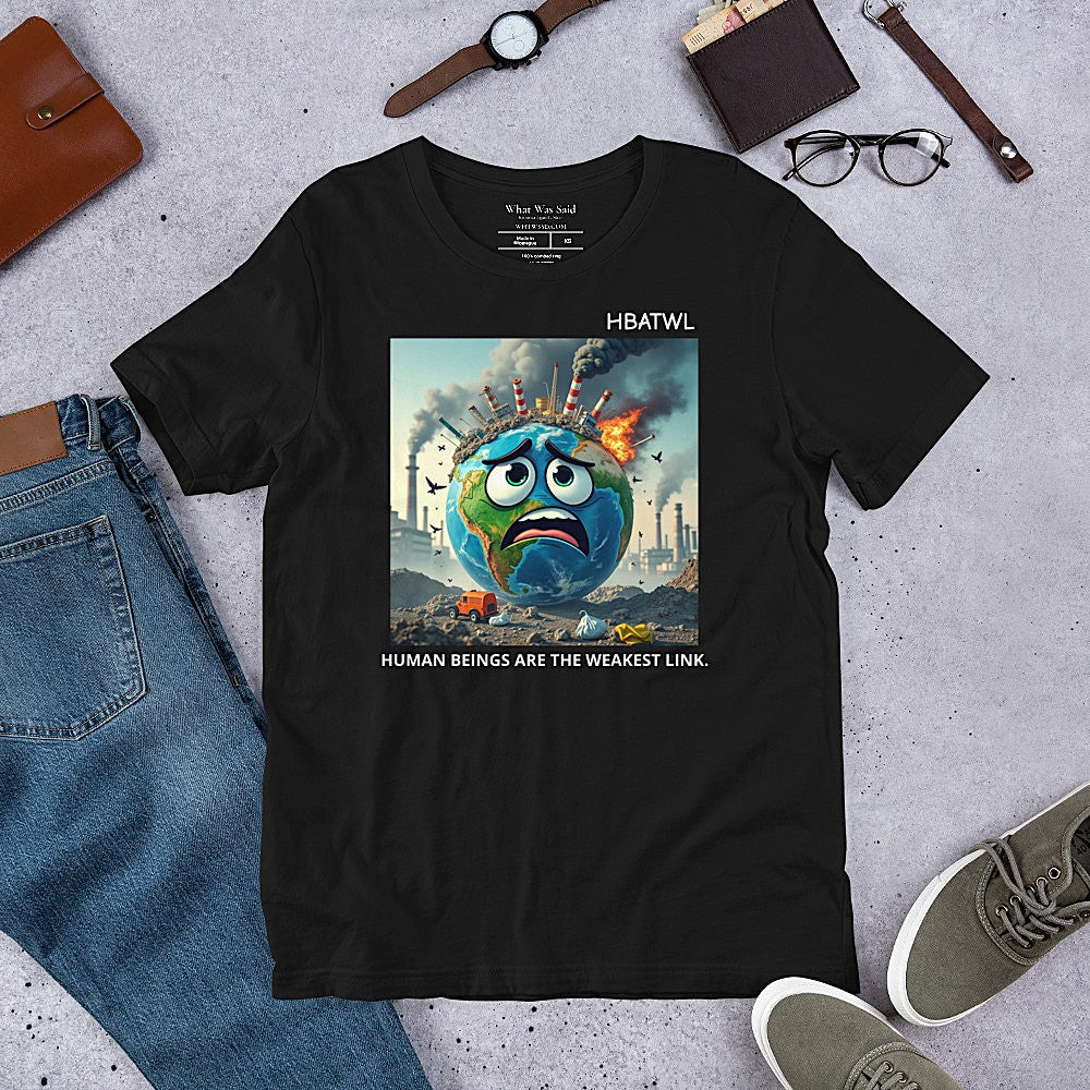 Front facing graphic T-shirt in color black featuring an animated earth with facial expression of concern over being negatively effected by human pollution. Bold statement on the shirt reads, 'Human Beings Are The Weakest link.', in white print. From What Was Said (Statement Apparel + More). mockup