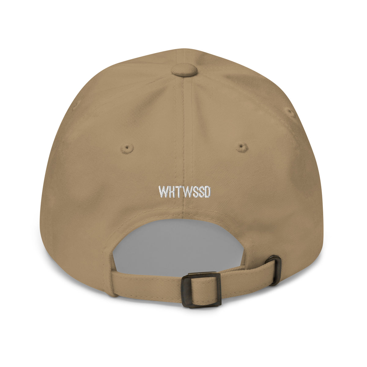 Product details on back facing vintage graphic dad hat in color khaki, featuring close up view of hats metal snap buckle closure and brand acronym WHTWSSD in white embroidery. From What Was Said (Statement Apparel + More).