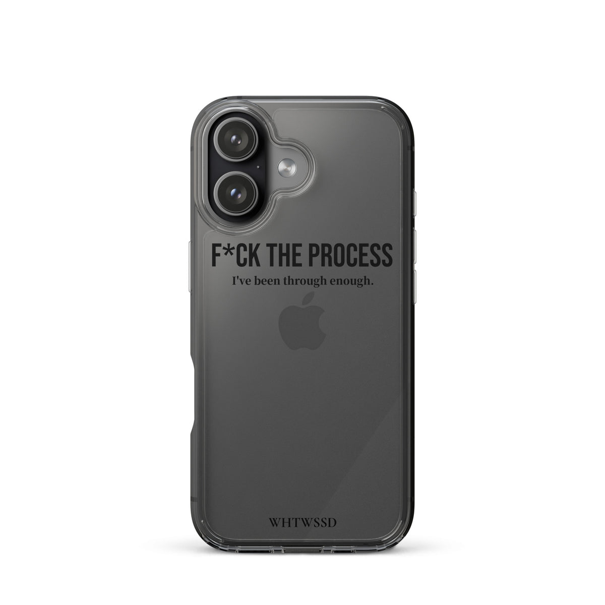 Front facing graphic iPhone 17 clear case, against white background. Featuring the statement 'F*CK THE PROCESS, I've been through enough,' in bold black print on the phone case. From What Was Said (Statement Apparel + More).