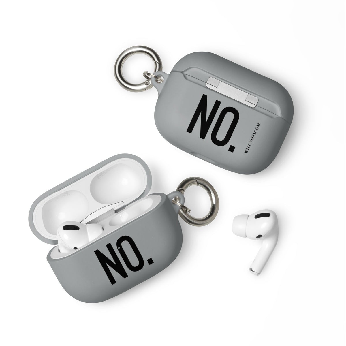 Front and back facing AirPods Pro graphic rubber cases in color grey, featuring the statement 'NO" in bold black print on both sides, and the brand logo WHTWSSD.COM on the back. From What Was Said (Statement Apparel + More).