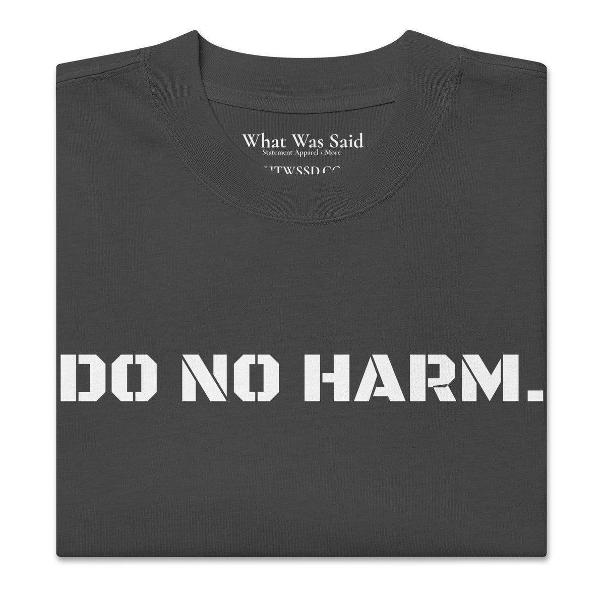 Folded front facing oversized fit graphic t-shirt in color faded black, from What Was Said (Statement Apparel + More).