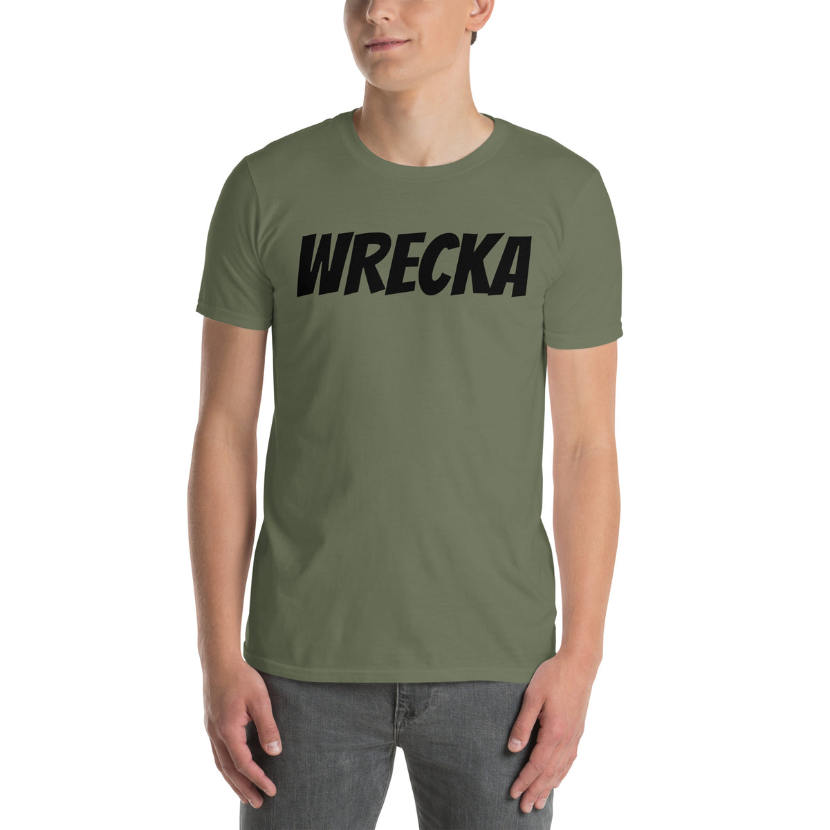 Model is wearing front facing graphic t-shirt in color military green, featuring the word 'WRECKA,' in bold black print. From What Was Said (Statement Apparel + More).