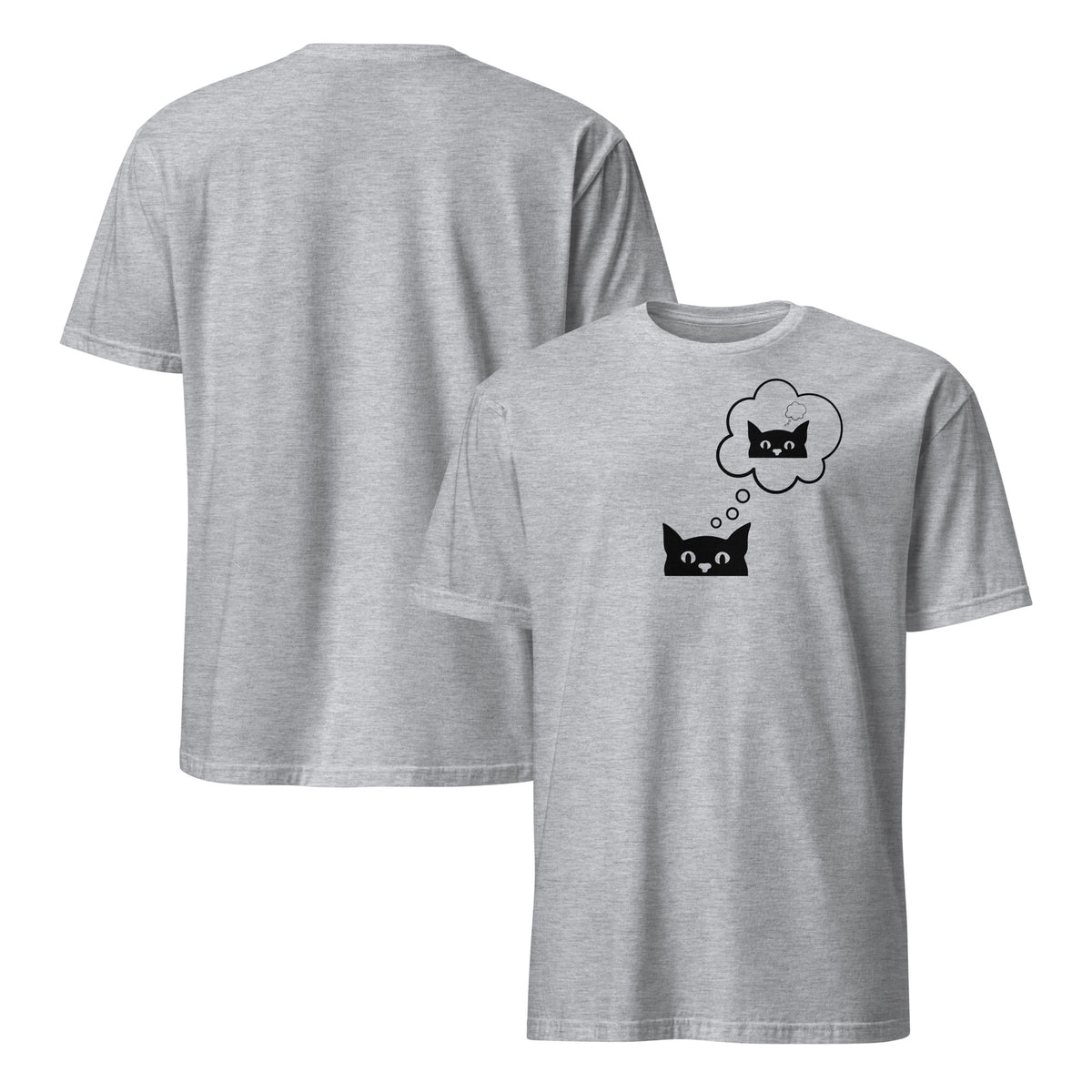 Front and back facing graphic T-shirt in color sport grey, featuring printed image of cat with thought bubble, and duplicate cat image inside the thought bubble, in black print on the front of the shirt. From What Was Said (Statement Apparel + More).