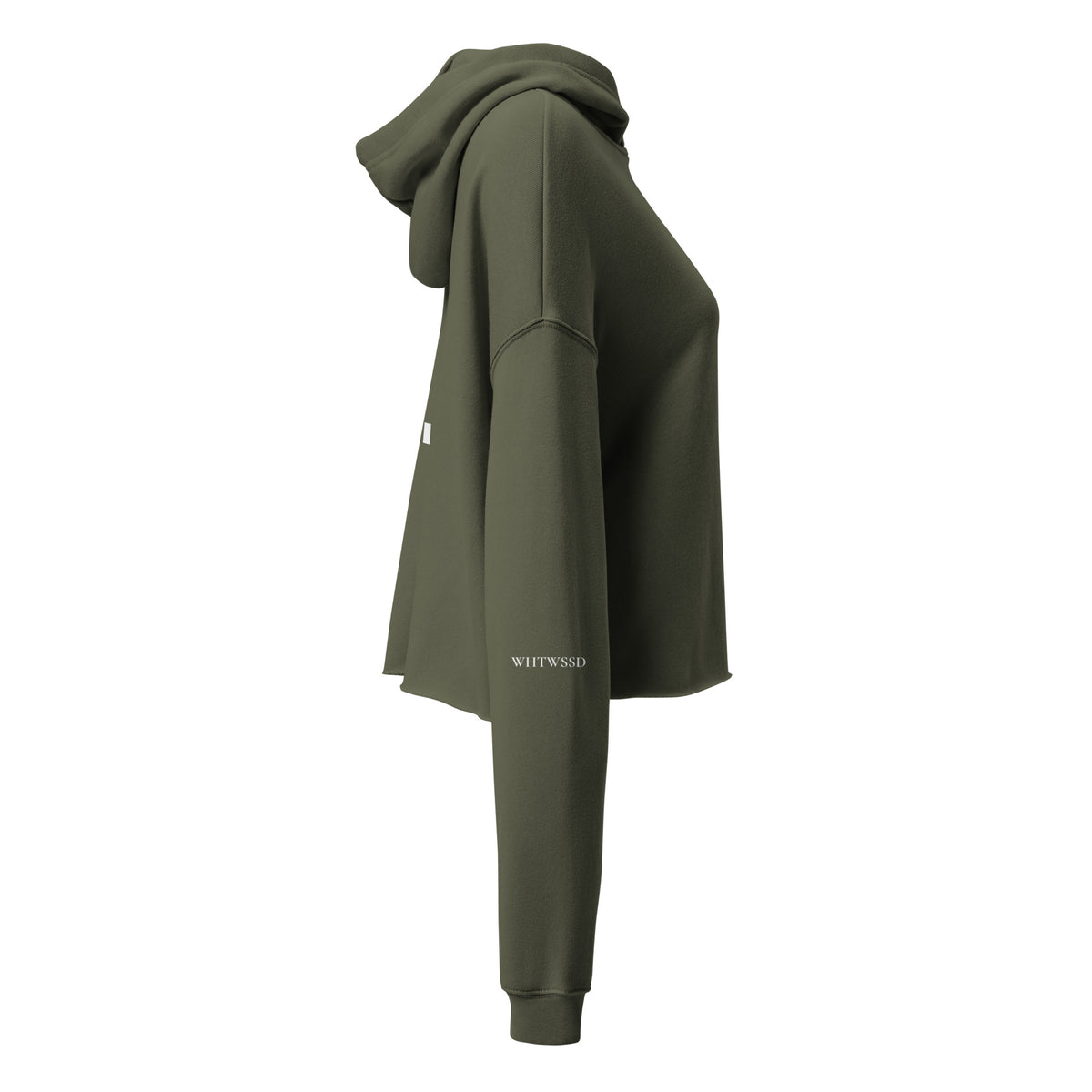 Right side facing pullover graphic cropped hoodie in color military green, featuring brand acronym, WHTWSSD in white print on sleave. From What Was Said (Statement Apparel + More).