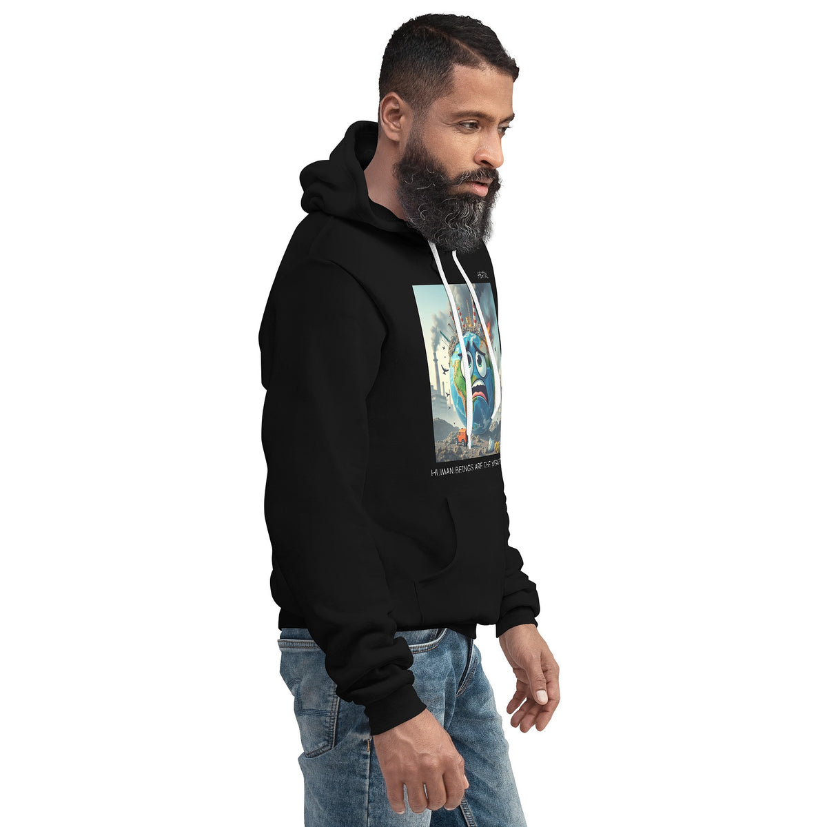 Model is wearing front facing graphic hoodie in color black featuring an animated earth with facial expression of concern over being negatively effected by human pollution. Bold statement on the hoodie reads, 'Human Beings Are The Weakest link.', in white print. From What Was Said (Statement Apparel + More). mockup