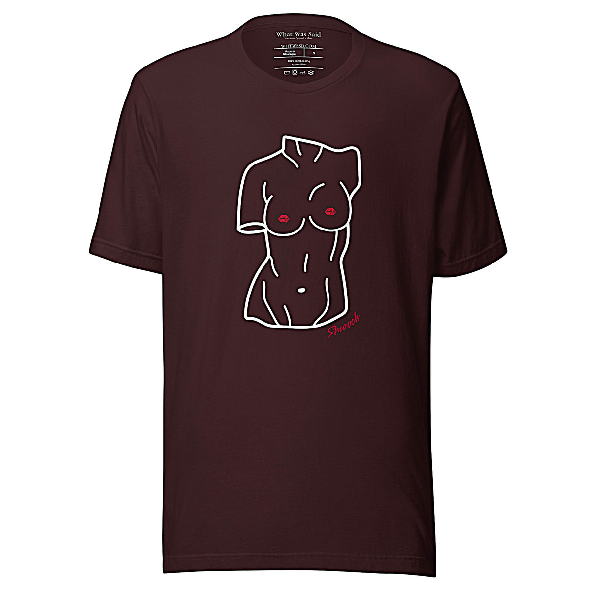 Front-facing graphic T-shirt in color oxblood dark reddish black, featuring a woman's bust sculpture outlined in white with red lip shaped nipples, and the word 'Smooch' in red print, from What Was Said (Statement Apparel + More). 