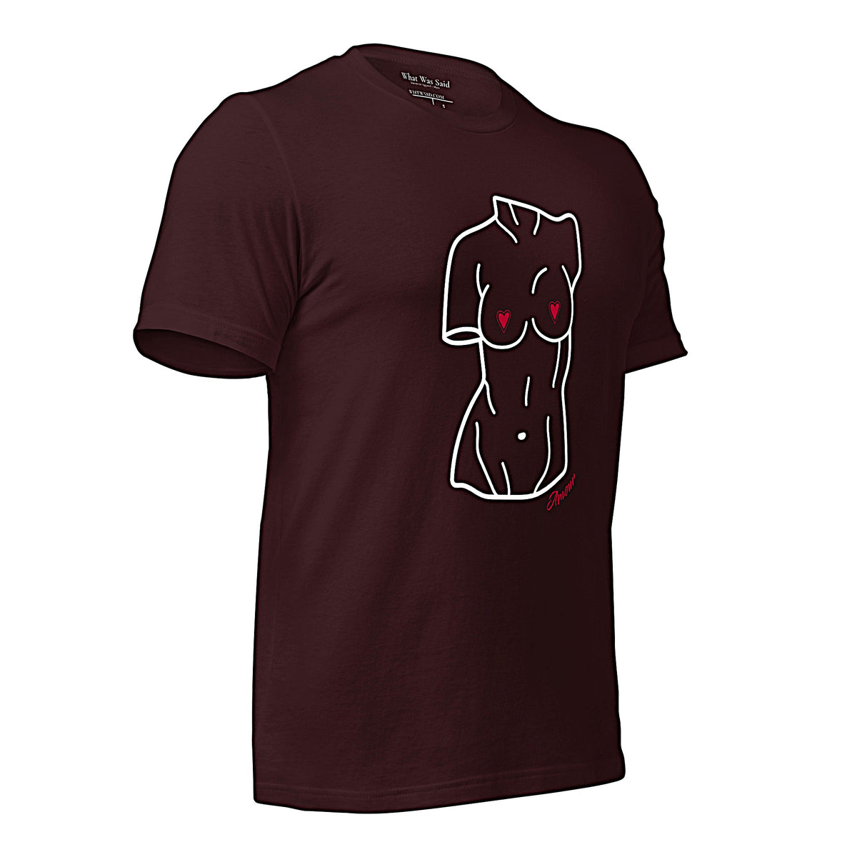 Right front-facing graphic T-shirt in color oxblood dark reddish black, featuring a woman's bust sculpture outlined in white with red heart shaped nipples, and the word 'Amour' in red print, from What Was Said (Statement Apparel + More). 