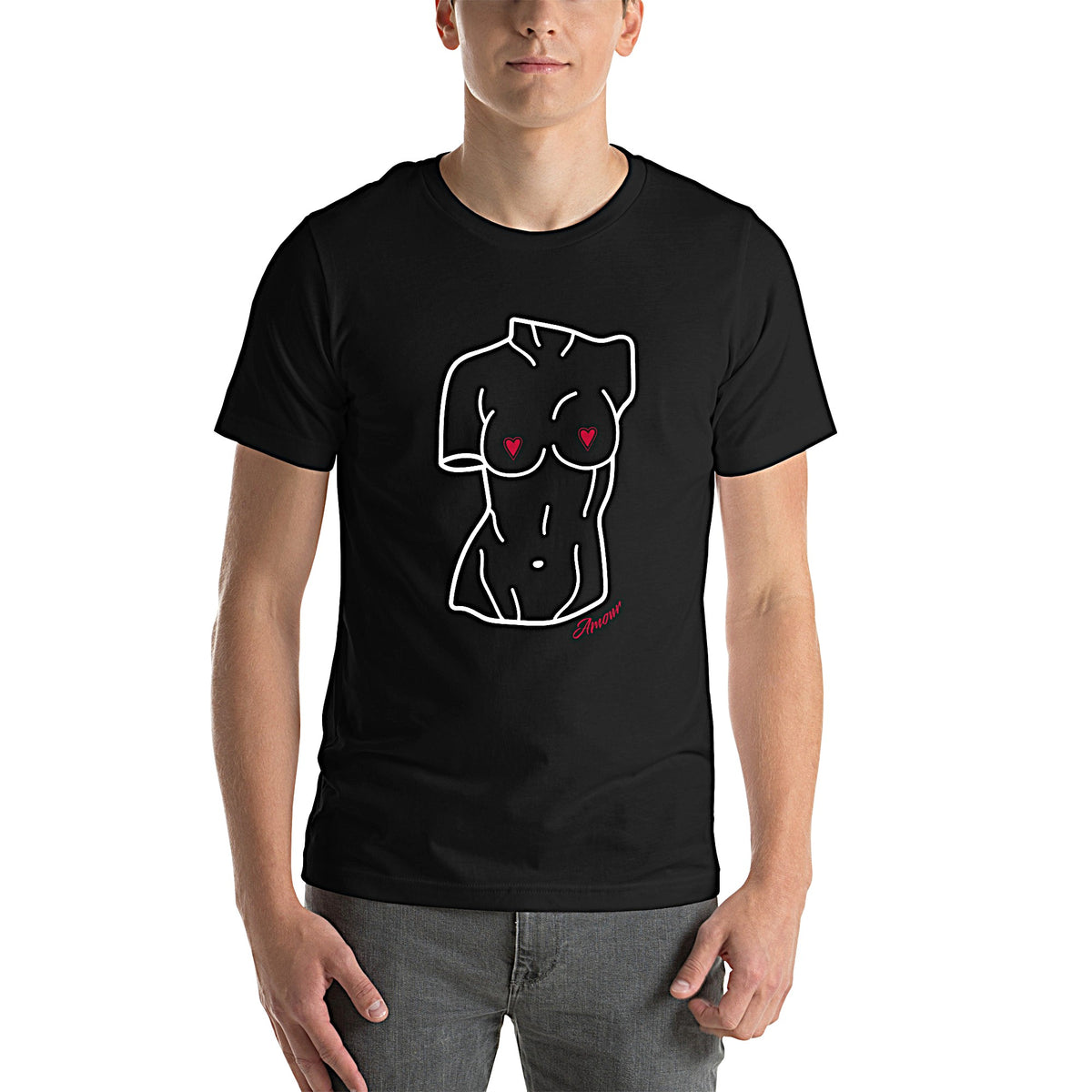 Model is wearing front-facing graphic T-shirt in color black, featuring a woman's bust sculpture outlined in white with red heart shaped nipples, and the word 'Amour' in red print, from What Was Said (Statement Apparel + More). 