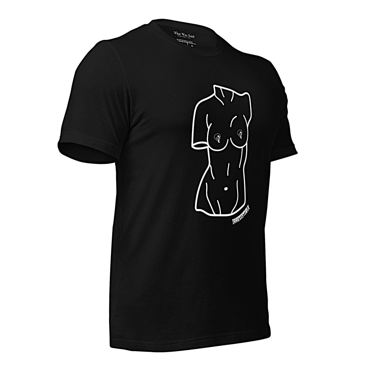 Right front-facing graphic T-shirt in color black, featuring a woman's bust sculpture outlined in white with skull shaped nipples, and the word 'IRRESISTIBLE' in white print, from What Was Said (Statement Apparel + More).  