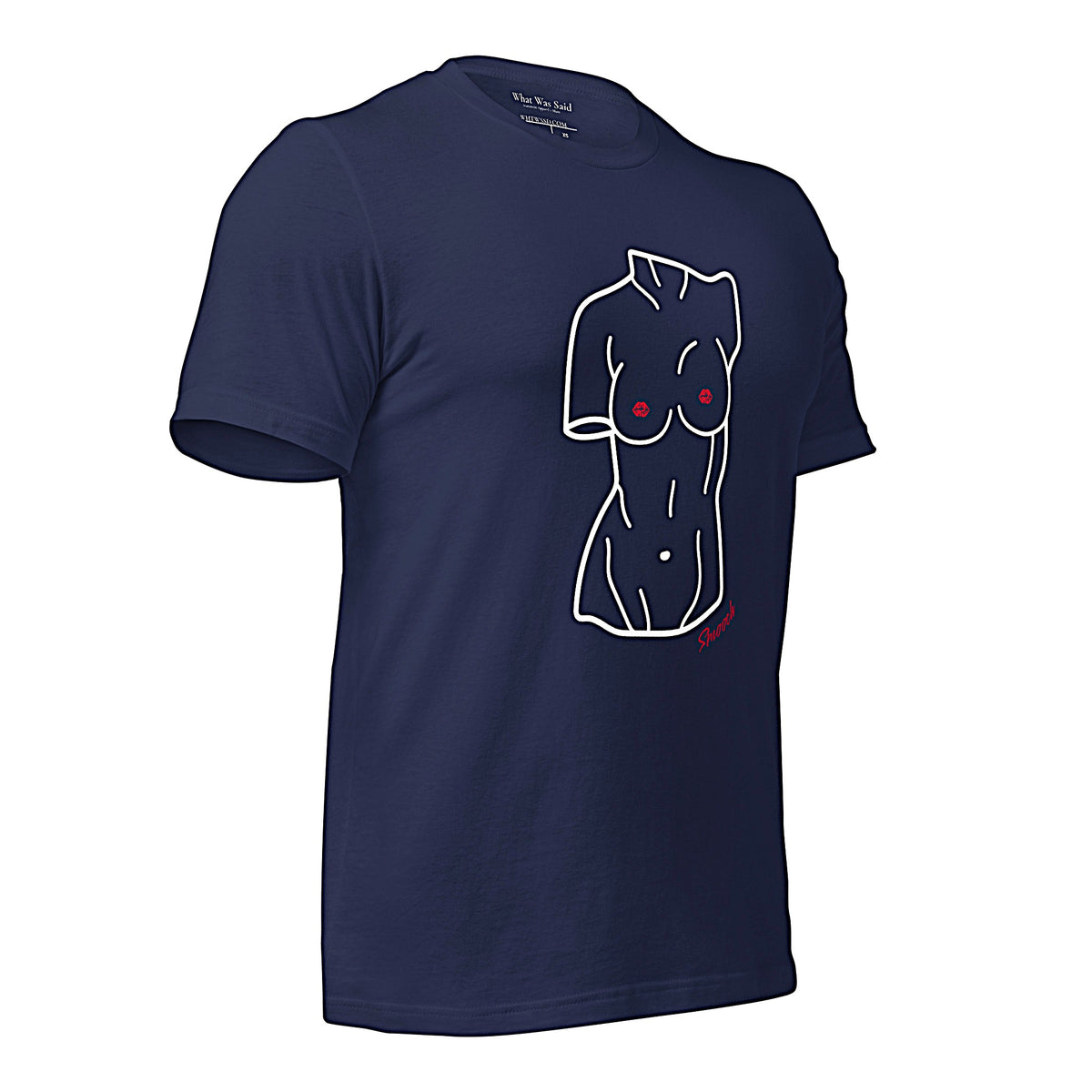Right front-facing graphic T-shirt in color oxblood dark reddish black, featuring a woman's bust sculpture outlined in white with red lip shaped nipples, and the word 'Smooch' in red print, from What Was Said (Statement Apparel + More). 