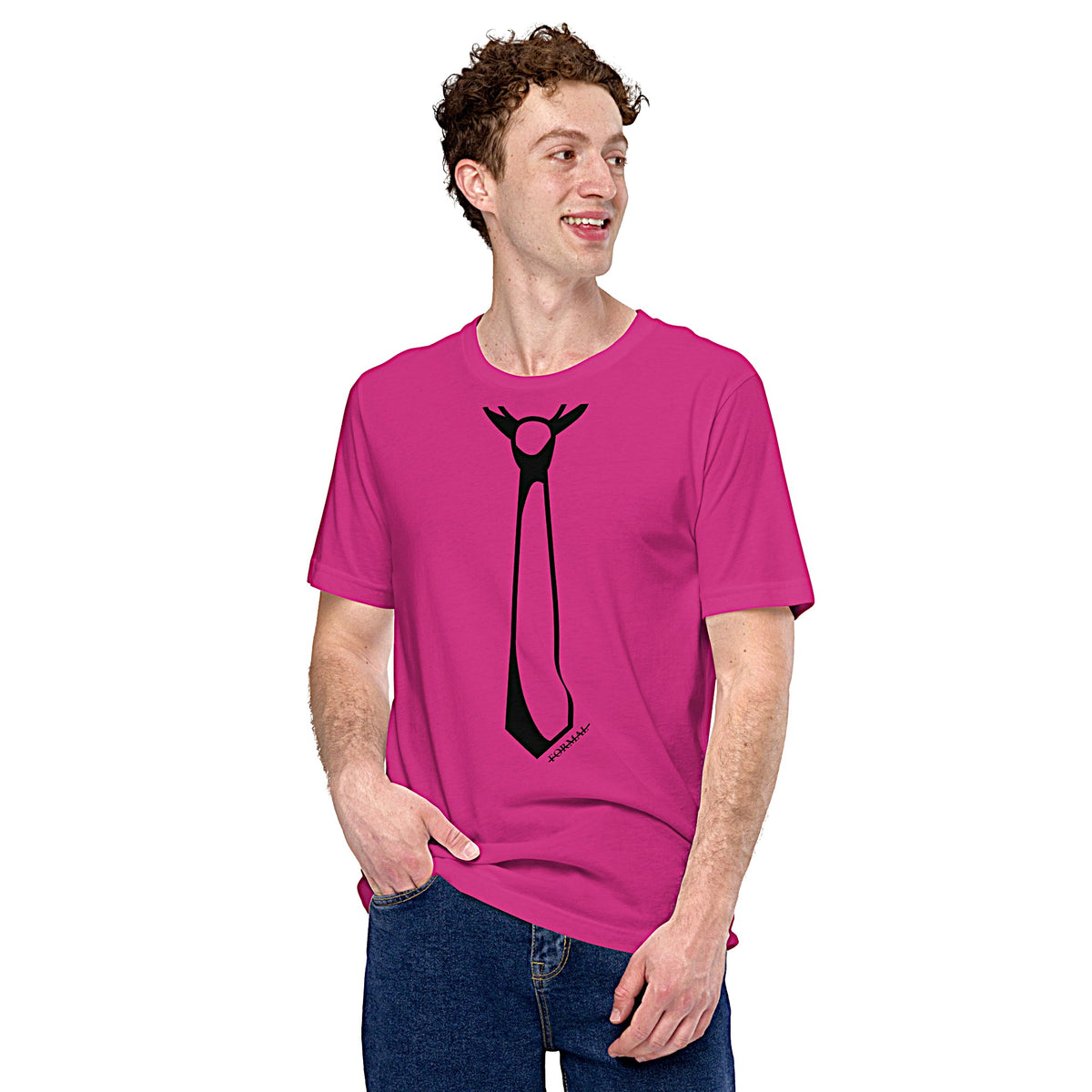 Model is wearing front-facing graphic T-shirt in color berry pink, featuring printed image of men's neck tie, and the written word 'FORMAL', with a strike through it, in black print. From What Was Said (Statement Apparel + More). 