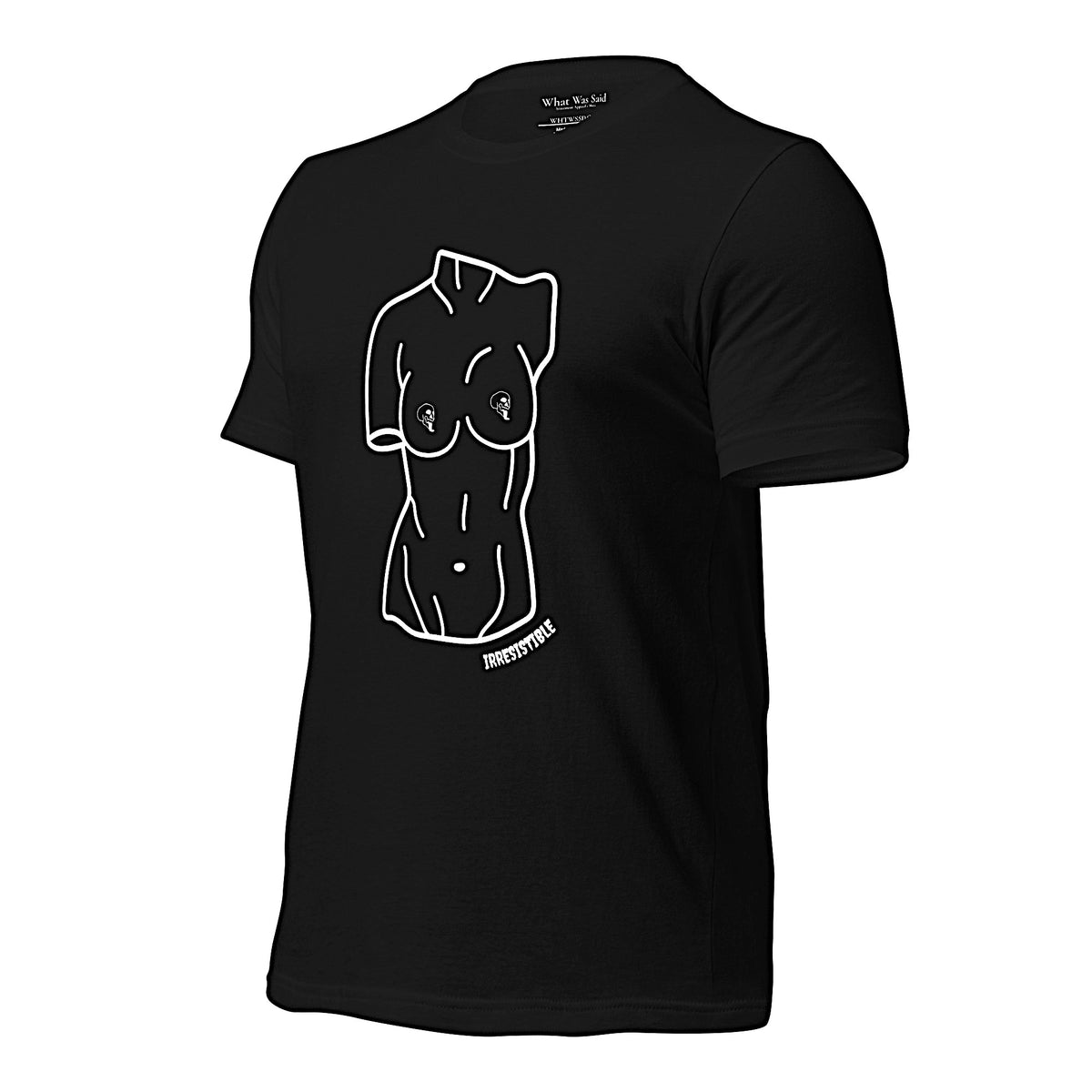 Left front-facing graphic T-shirt in color black, featuring a woman's bust sculpture outlined in white with skull shaped nipples, and the word 'IRRESISTIBLE' in white print, from What Was Said (Statement Apparel + More).  