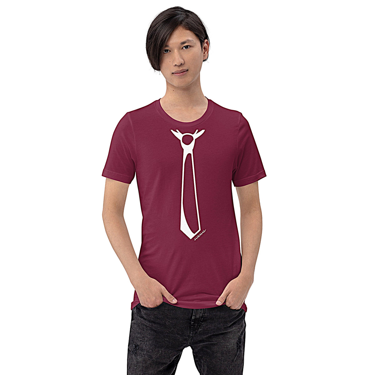 Model wearing front facing graphic T-shirt in color maroon red, featuring printed image of men's neck tie, and the written word 'FORMAL', with a strike through it, in white print. From What Was Said (Statement Apparel + More). 