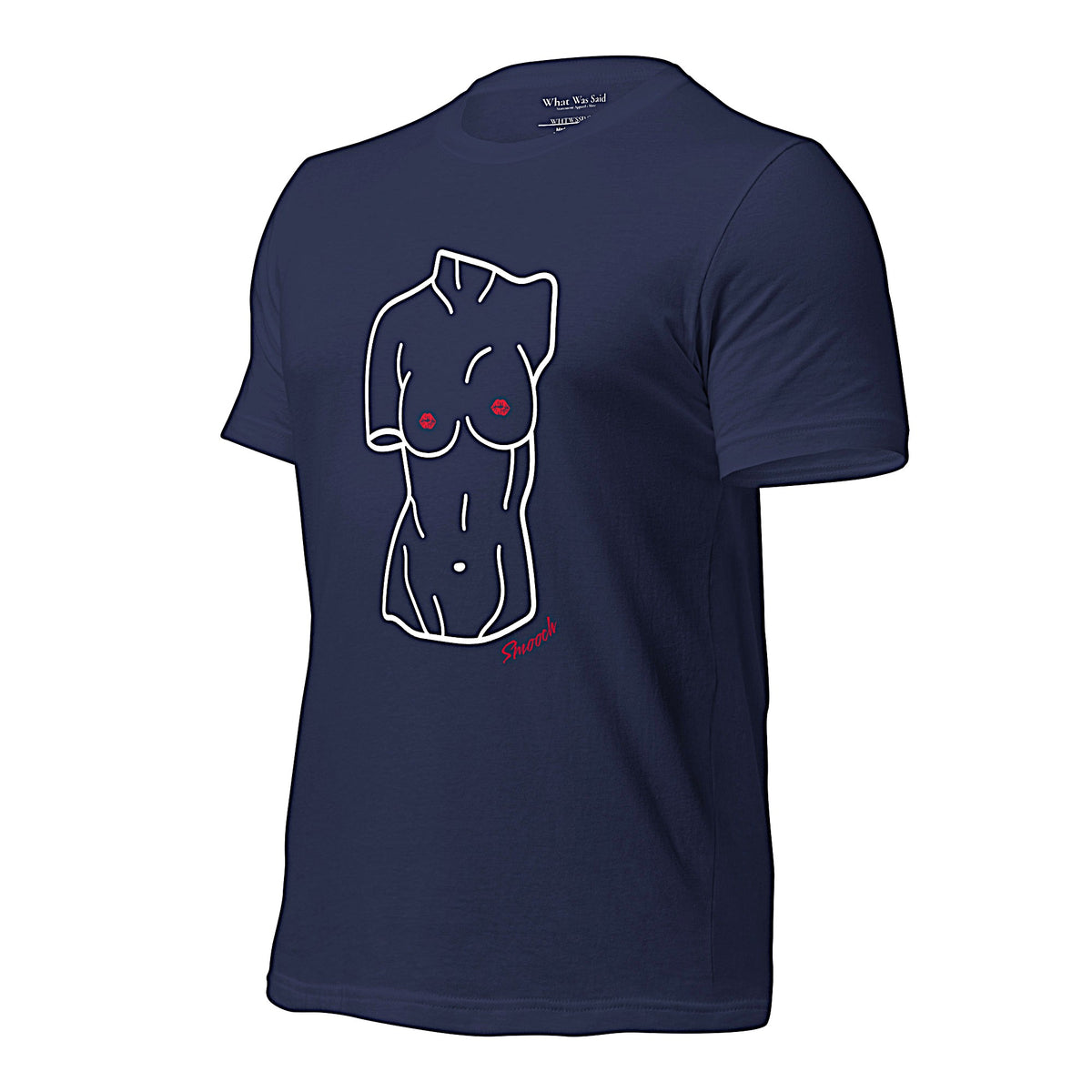 Left front-facing graphic T-shirt in color oxblood dark reddish black, featuring a woman's bust sculpture outlined in white with red lip shaped nipples, and the word 'Smooch' in red print, from What Was Said (Statement Apparel + More). 