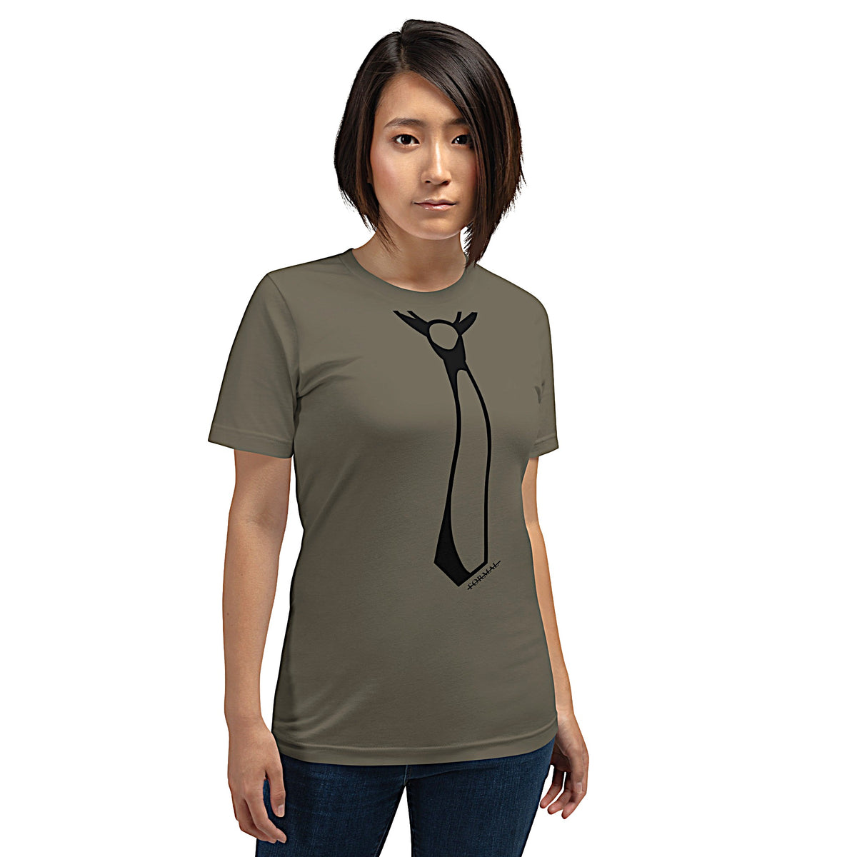 Model is wearing front-facing graphic T-shirt in color army green, featuring printed image of men's neck tie, and the written word 'FORMAL', with a strike through it, in black print. From What Was Said (Statement Apparel + More). 