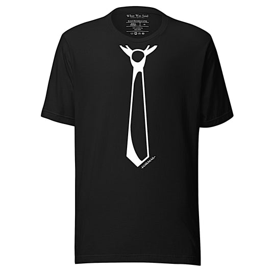Front facing graphic T-shirt in color black, featuring printed image of men's neck tie, and the written word 'FORMAL', with a strike through it, in white print. From What Was Said (Statement Apparel + More). 