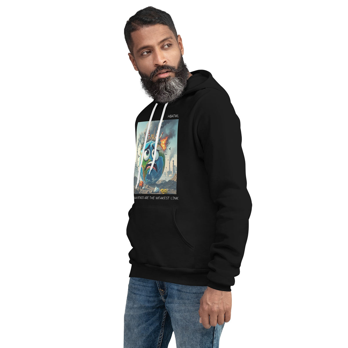 Model is wearing front facing graphic hoodie in color black featuring an animated earth with facial expression of concern over being negatively effected by human pollution. Bold statement on the hoodie reads, 'Human Beings Are The Weakest link.', in white print. From What Was Said (Statement Apparel + More). mockup