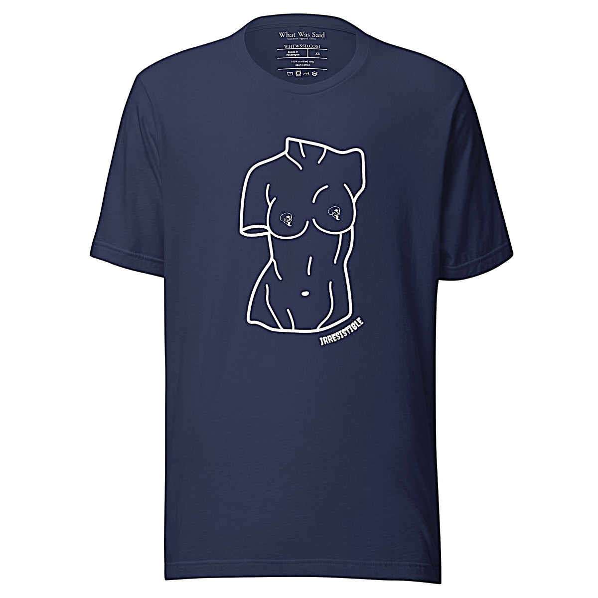 Front-facing graphic T-shirt in color navy blue, featuring a woman's bust sculpture outlined in white with skull shaped nipples, and the word 'IRRESISTIBLE' in white print, from What Was Said (Statement Apparel + More). 