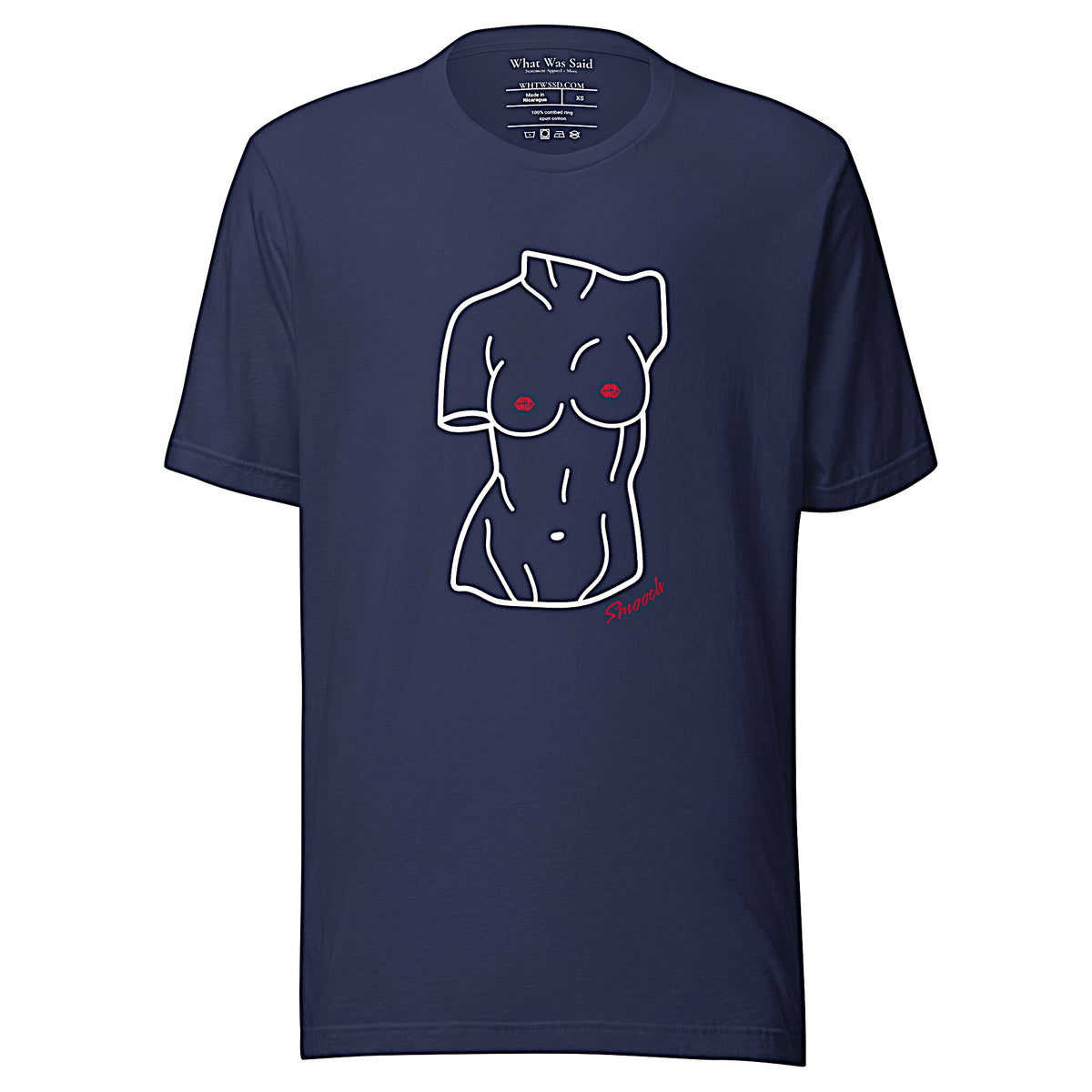 Front-facing graphic T-shirt in color navy blue, featuring a woman's bust sculpture outlined in white with red lip shaped nipples, and the word 'Smooch' in red print, from What Was Said (Statement Apparel + More). 