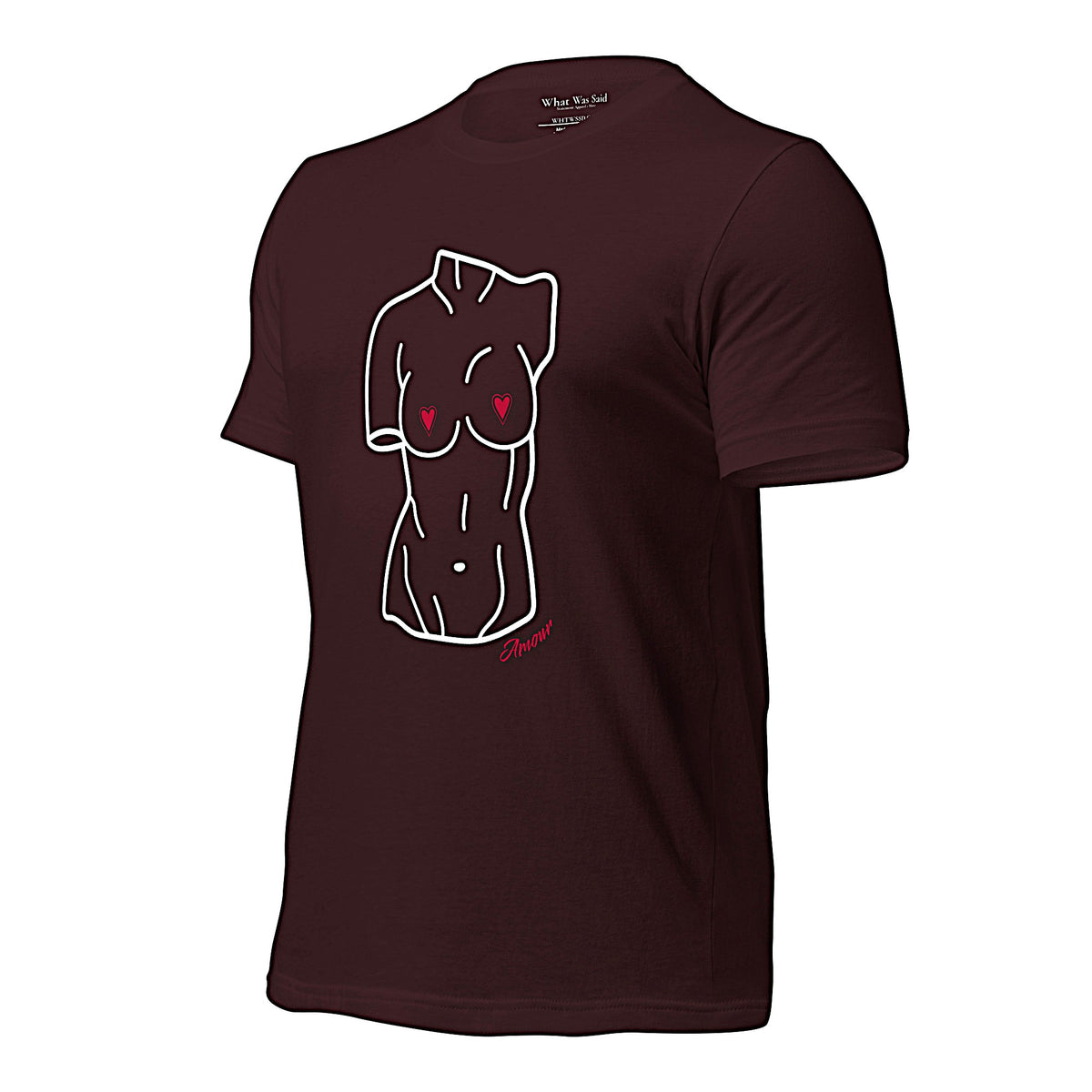 Left front-facing graphic T-shirt in color oxblood dark reddish black, featuring a woman's bust sculpture outlined in white with red heart shaped nipples, and the word 'Amour' in red print, from What Was Said (Statement Apparel + More). 