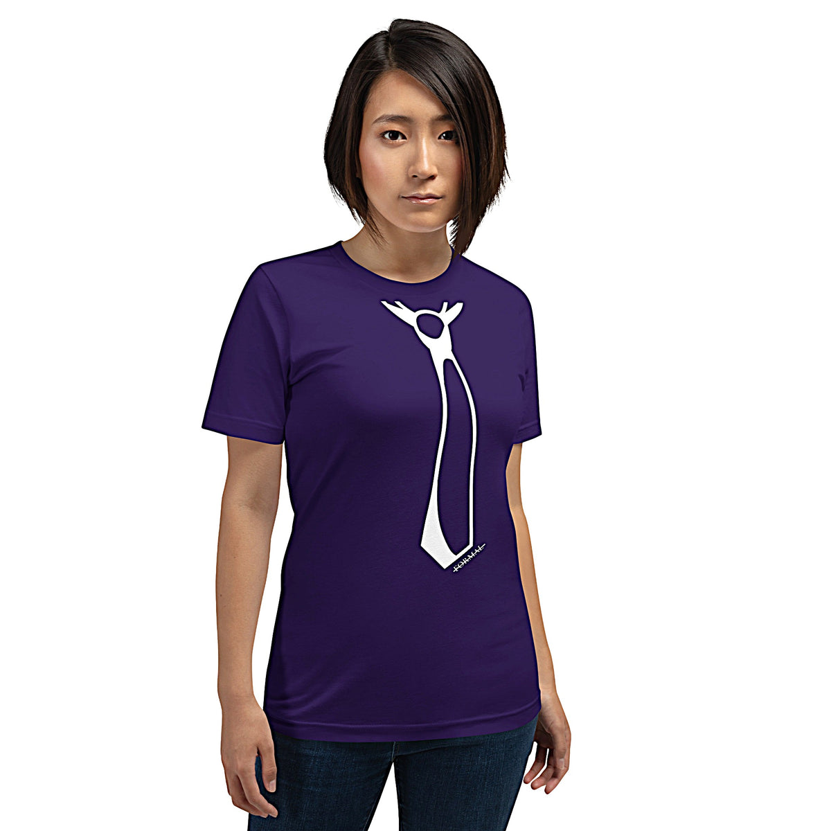 Model wearing front facing graphic T-shirt in color team purple, featuring printed image of men's neck tie, and the written word 'FORMAL', with a strike through it, in white print. From What Was Said (Statement Apparel + More). 