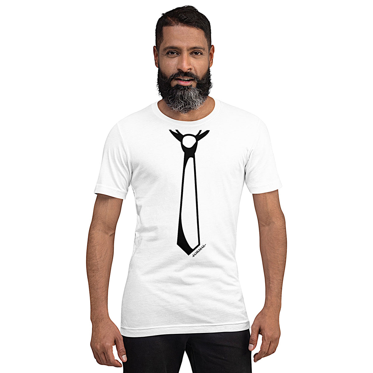 Model is wearing front-facing graphic T-shirt in color white, featuring printed image of men's neck tie, and the written word 'FORMAL', with a strike through it, in black print. From What Was Said (Statement Apparel + More). 