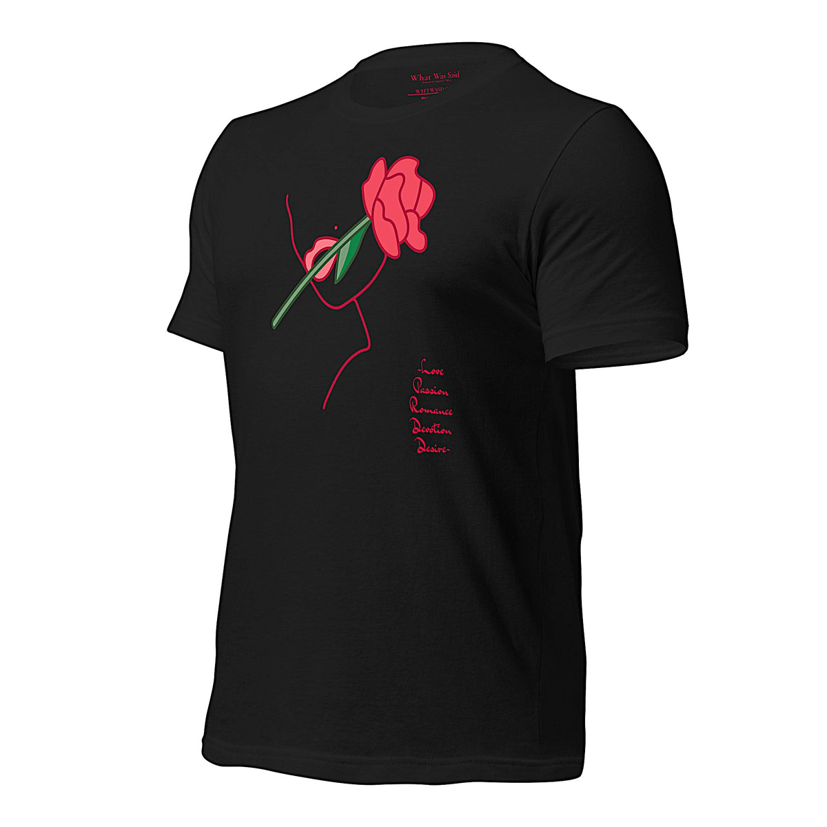 Left front-facing graphic T-shirt in color black, featuring a woman's profile outlined in red, with a rose in mouth and the words love, passion, romance, devotion, desire, in red print, from What Was Said (Statement Apparel + More).