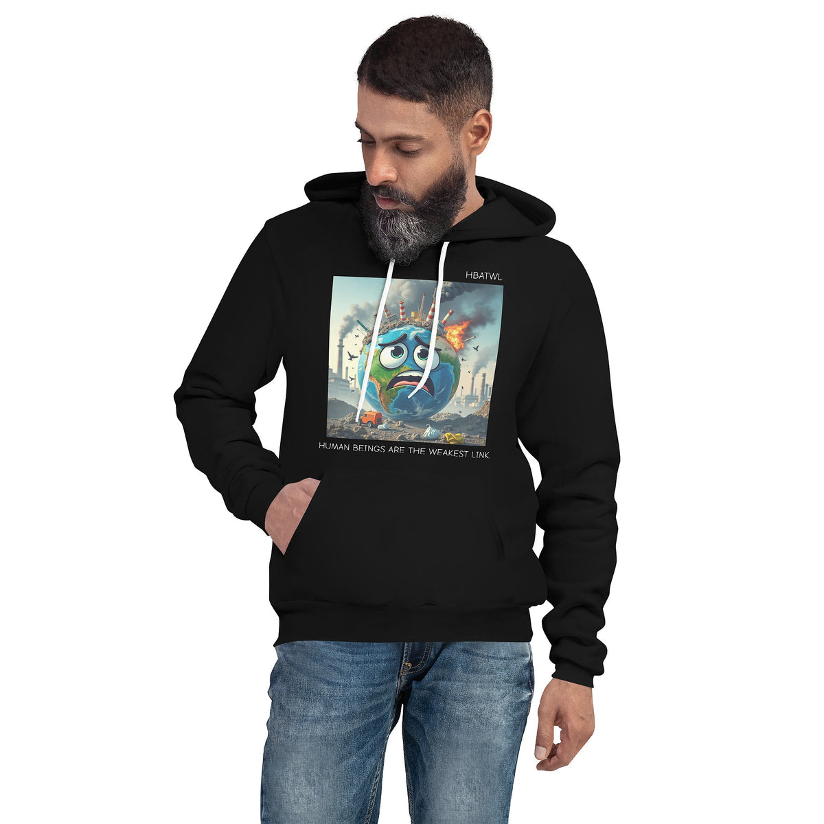 Model is wearing front facing graphic hoodie in color black featuring an animated earth with facial expression of concern over being negatively effected by human pollution. Bold statement on the hoodie reads, 'Human Beings Are The Weakest link.', in white print. From What Was Said (Statement Apparel + More). mockup