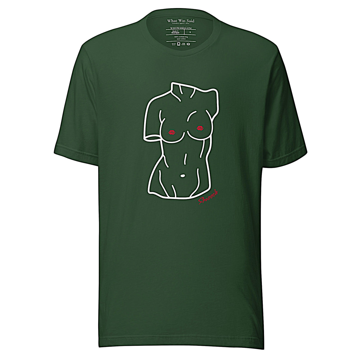 Front-facing graphic T-shirt in color forest green, featuring a woman's bust sculpture outlined in white with red lip shaped nipples, and the word 'Smooch' in red print, from What Was Said (Statement Apparel + More). 