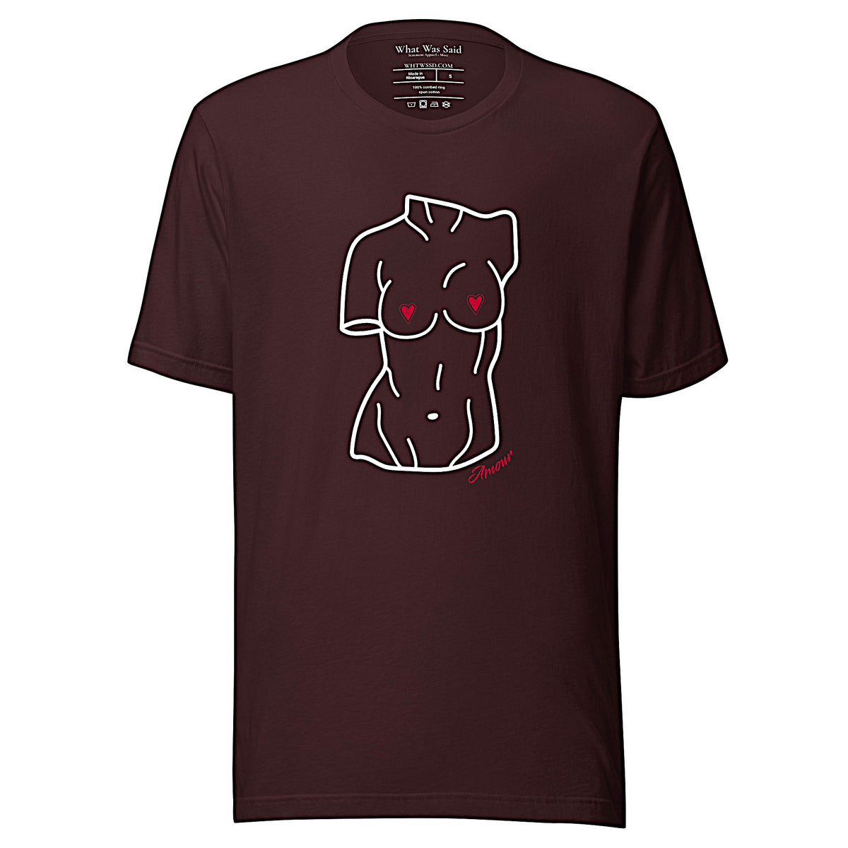 Front-facing graphic T-shirt in color oxblood dark reddish black, featuring a woman's bust sculpture outlined in white with red heart shaped nipples, and the word 'Amour' in red print, from What Was Said (Statement Apparel + More).  