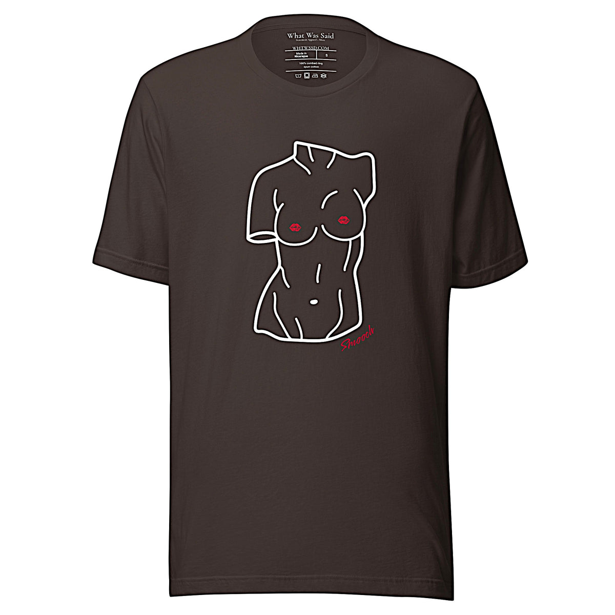 Front-facing graphic T-shirt in color brown, featuring a woman's bust sculpture outlined in white with red lip shaped nipples, and the word 'Smooch' in red print, from What Was Said (Statement Apparel + More). 