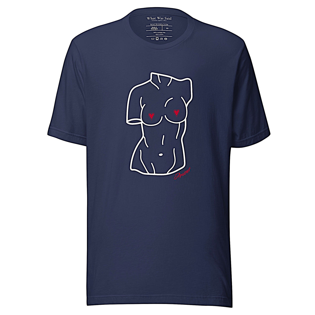 Front-facing graphic T-shirt in color navy blue, featuring a woman's bust sculpture outlined in white with red heart shaped nipples, and the word 'Amour' in red print, from What Was Said (Statement Apparel + More). 