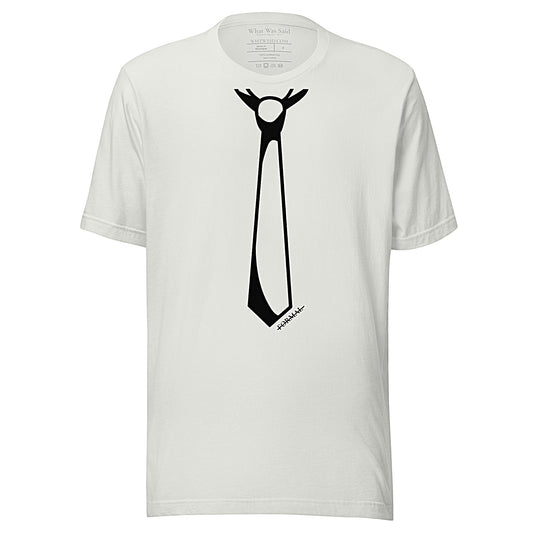 Front facing graphic T-shirt in color light silver grey, featuring printed image of men's neck tie, and the written word 'FORMAL', with a strike through it, in black print. From What Was Said (Statement Apparel + More). 
