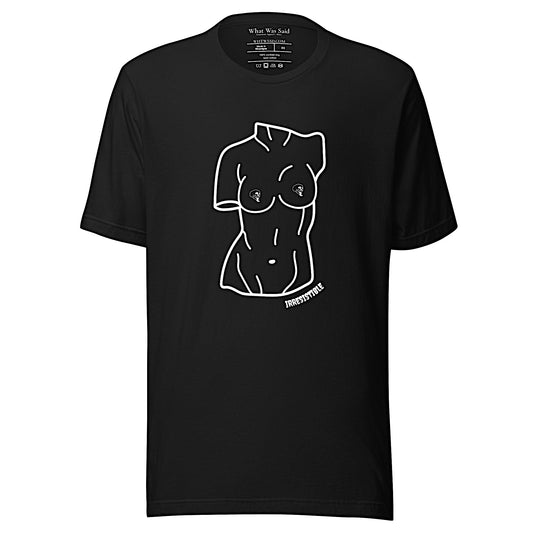 Front-facing graphic T-shirt in color black, featuring a woman's bust sculpture outlined in white with skull shaped nipples, and the word 'IRRESISTIBLE' in white print, from What Was Said (Statement Apparel + More). 