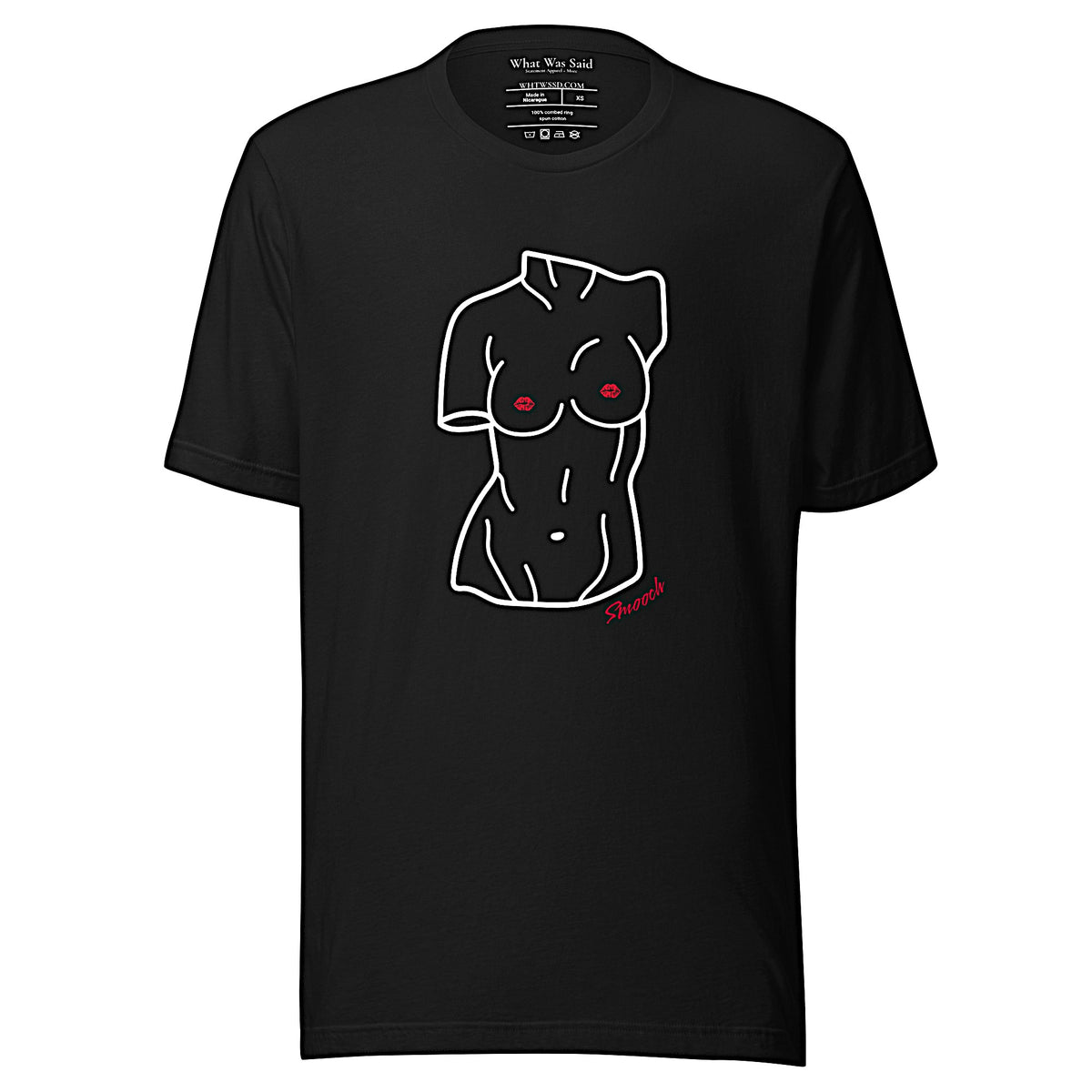 Front-facing graphic T-shirt in color black, featuring a woman's bust sculpture outlined in white with red lip shaped nipples, and the word 'Smooch' in red print, from What Was Said (Statement Apparel + More). 