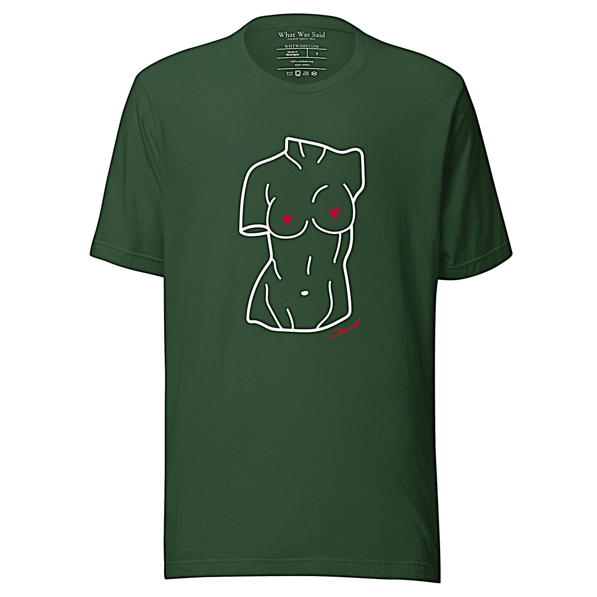 Front-facing graphic T-shirt in color forest green, featuring a woman's bust sculpture outlined in white with red heart shaped nipples, and the word 'Amour' in red print, from What Was Said (Statement Apparel + More). 