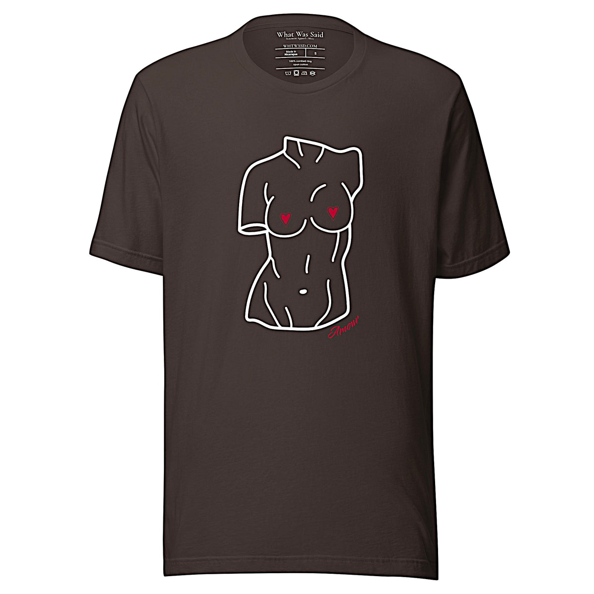 Front-facing graphic T-shirt in color brown, featuring a woman's bust sculpture outlined in white with red heart shaped nipples, and the word 'Amour' in red print, from What Was Said (Statement Apparel + More). 