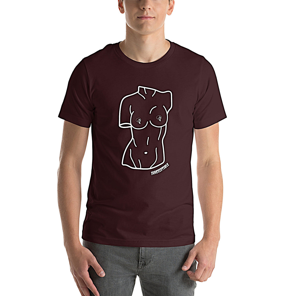 Model is wearing front-facing graphic T-shirt in color oxblood reddish black, featuring a woman's bust sculpture outlined in white with skull shaped nipples, and the word 'IRRESISTIBLE' in white print, from What Was Said (Statement Apparel + More). 