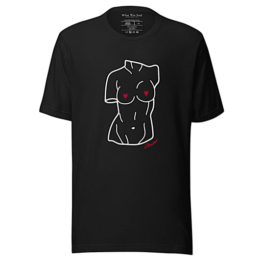 Front-facing graphic T-shirt in color black, featuring a woman's bust sculpture outlined in white with red heart shaped nipples, and the word 'Amour' in red print, from What Was Said (Statement Apparel + More). 