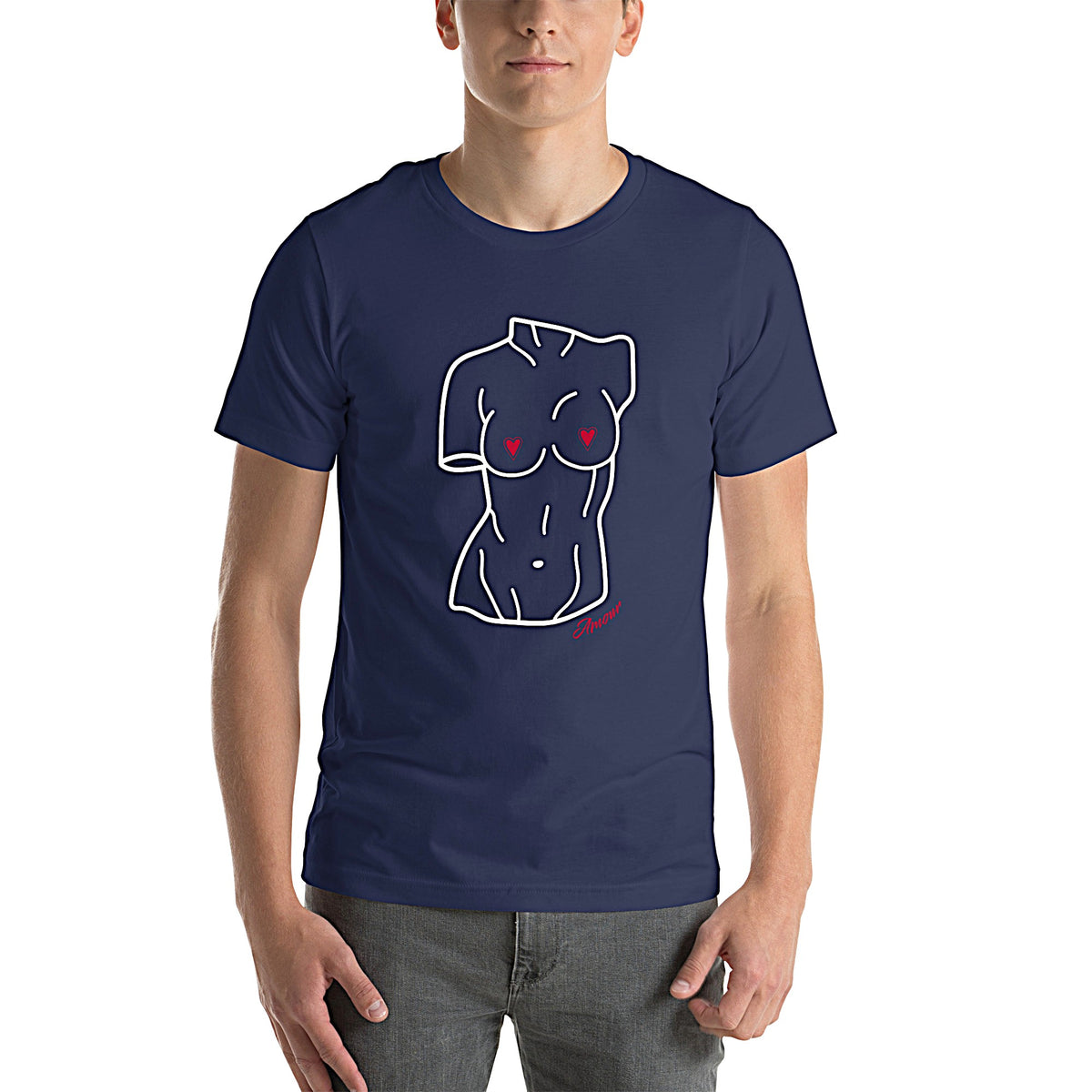Model is wearing front-facing graphic T-shirt in color navy blue, featuring a woman's bust sculpture outlined in white with red heart shaped nipples, and the word 'Amour' in red print, from What Was Said (Statement Apparel + More). 