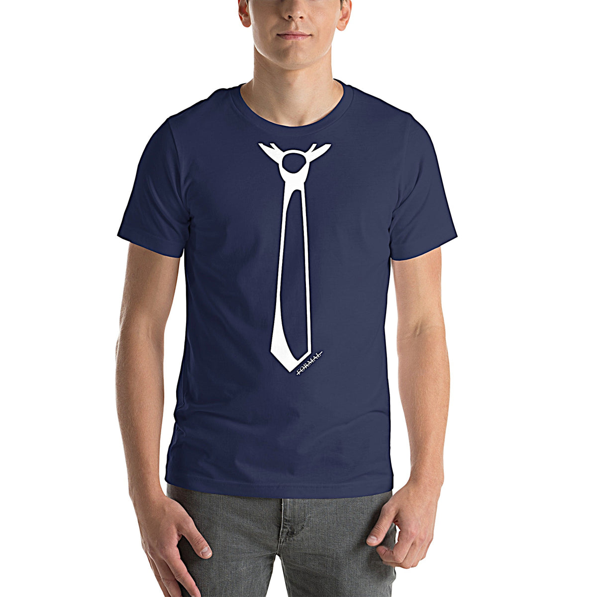 Model wearing front facing graphic T-shirt in color navy blue, featuring printed image of men's neck tie, and the written word 'FORMAL', with a strike through it, in white print. From What Was Said (Statement Apparel + More). 