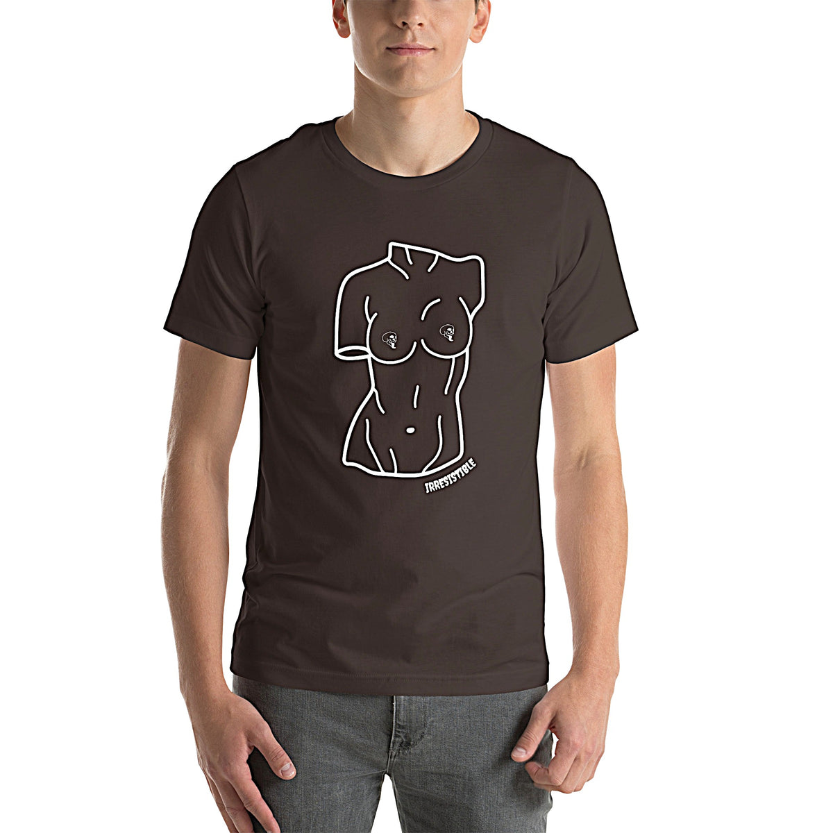 Model is wearing front-facing graphic T-shirt in color brown, featuring a woman's bust sculpture outlined in white with skull shaped nipples, and the word 'IRRESISTIBLE' in white print, from What Was Said (Statement Apparel + More). 