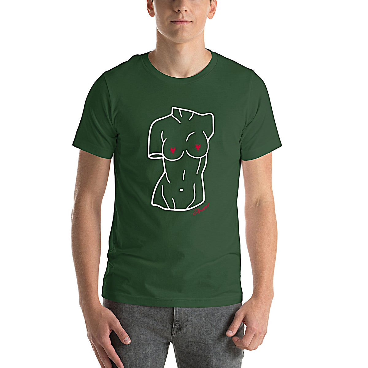 Model is wearing front-facing graphic T-shirt in color forest green, featuring a woman's bust sculpture outlined in white with red heart shaped nipples, and the word 'Amour' in red print, from What Was Said (Statement Apparel + More). 