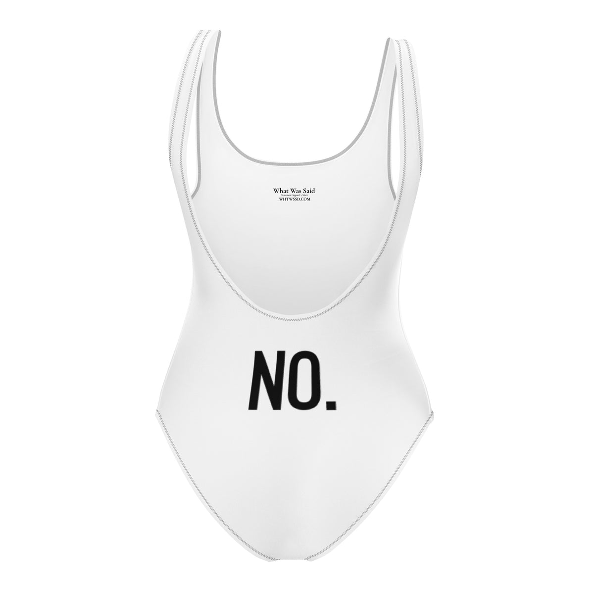 Back facing adult graphic one-piece swimsuit in color white with black stitch trim, featuring the statement 'NO.' in bold black print. From What Was Said (Statement Apparel + More).