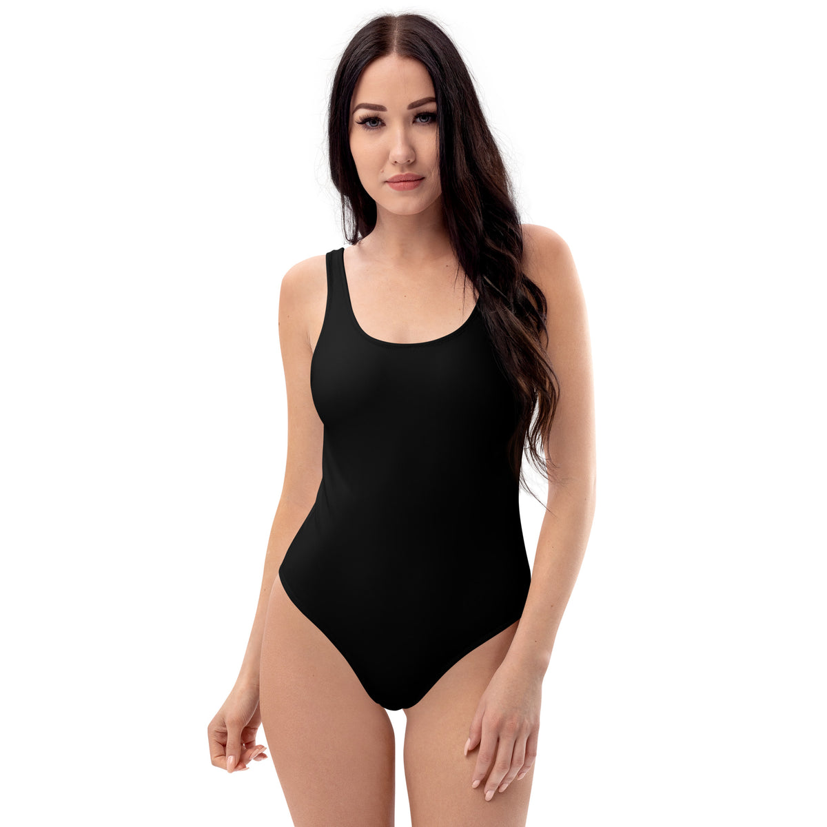Model is wearing front facing adult graphic one-piece swimsuit in color black, from What Was Said (Statement Apparel + More).