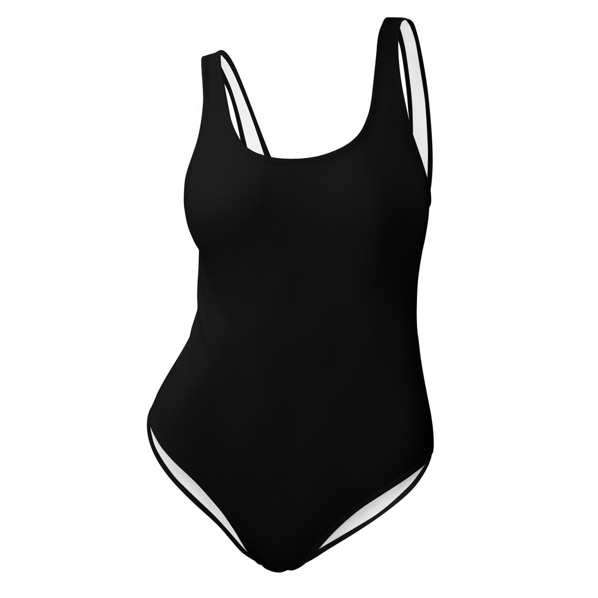 Front facing adult graphic one-piece swimsuit in color black, from What Was Said (Statement Apparel + More).