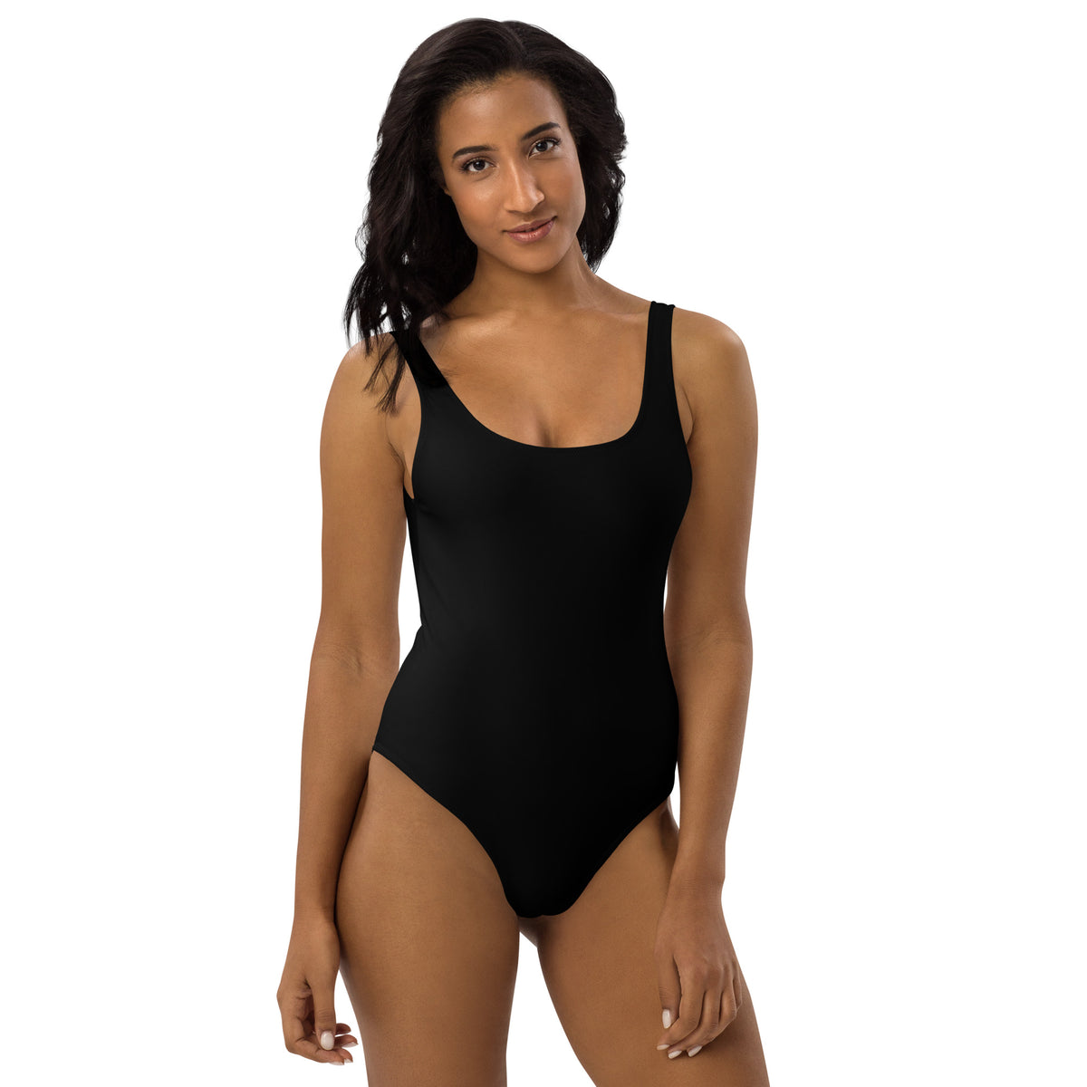 Model is wearing front facing adult graphic one-piece swimsuit in color black, from What Was Said (Statement Apparel + More).