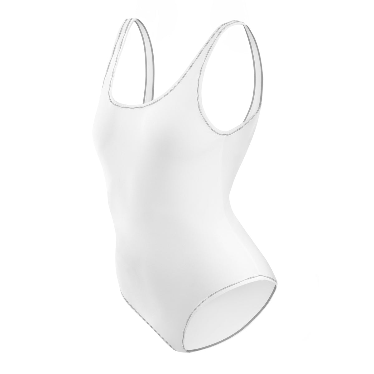 Left front facing adult graphic one-piece swimsuit in color white with black stitch trim, from What Was Said (Statement Apparel + More).