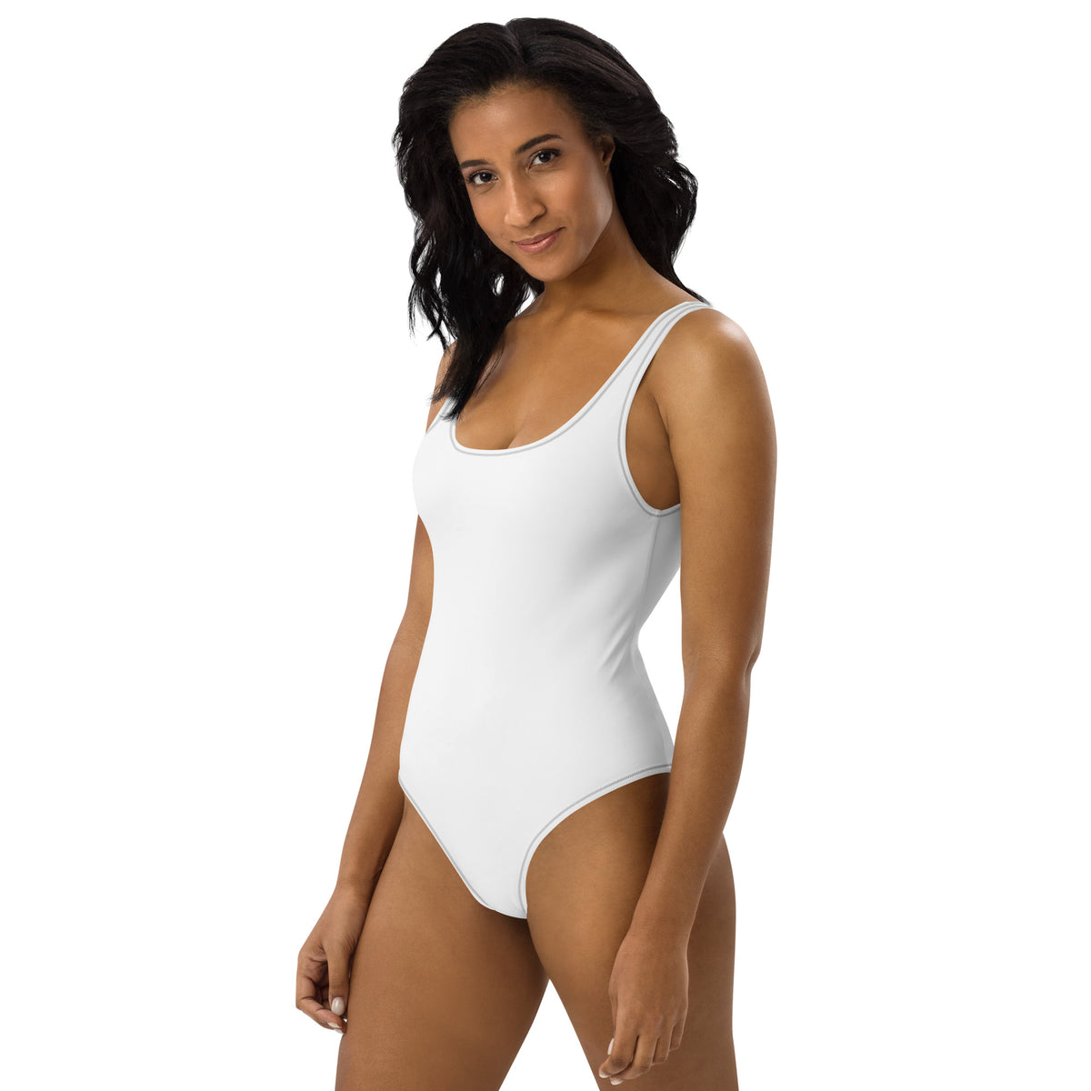 Model is wearing left front facing adult graphic one-piece swimsuit in color white with black stitch trim, from What Was Said (Statement Apparel + More).