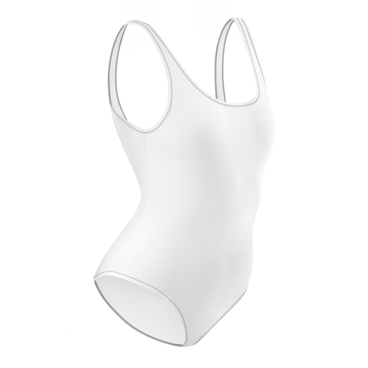 Right front facing adult graphic one-piece swimsuit in color white with black stitch trim, from What Was Said (Statement Apparel + More).